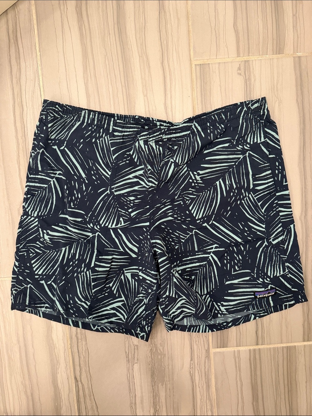 Patagonia Men’s Navy Swim Trunks with Mint Leaf Pattern